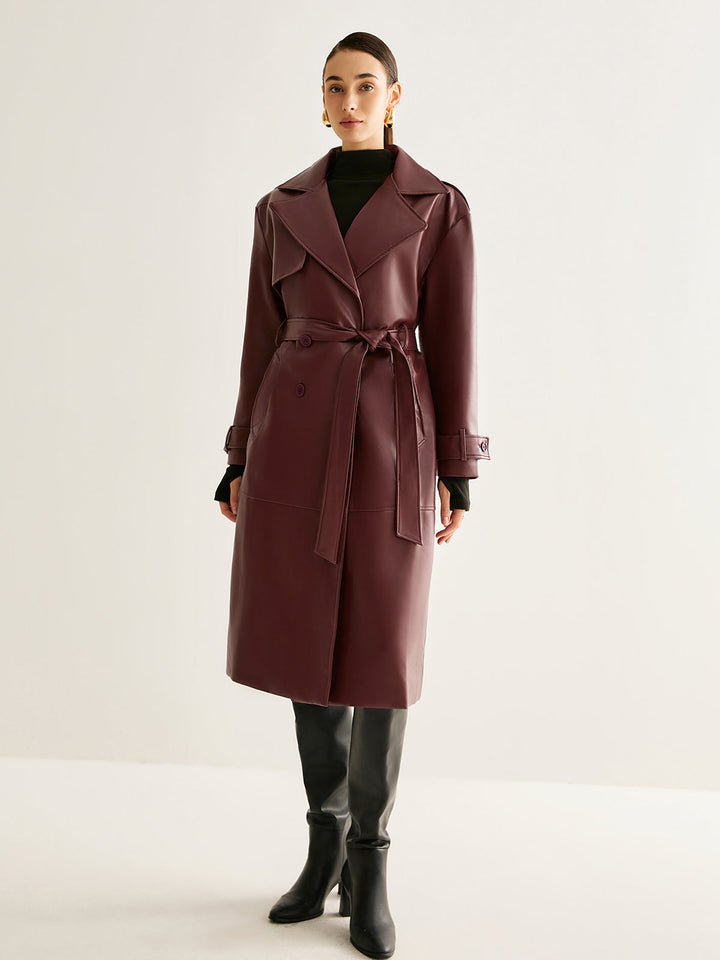 Trench Long Bordeaux | Similicuir Élégant | Ceinture Ajustable