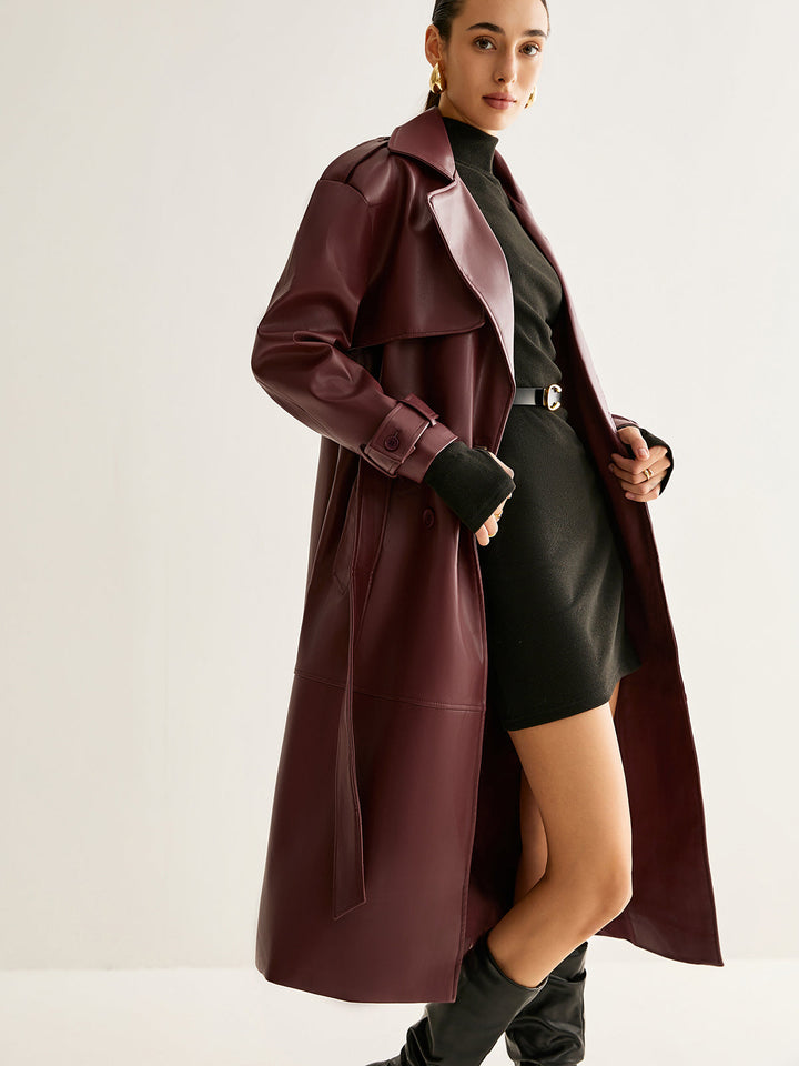 Trench Long Bordeaux | Similicuir Élégant | Ceinture Ajustable