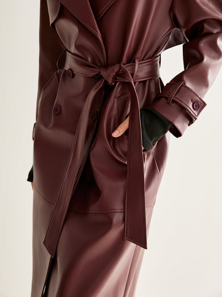 Trench Long Bordeaux | Similicuir Élégant | Ceinture Ajustable
