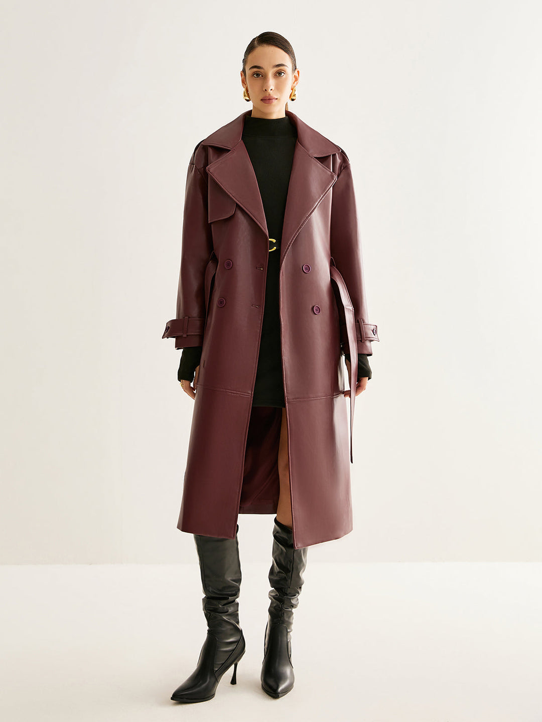 Trench Long Bordeaux | Similicuir Élégant | Ceinture Ajustable