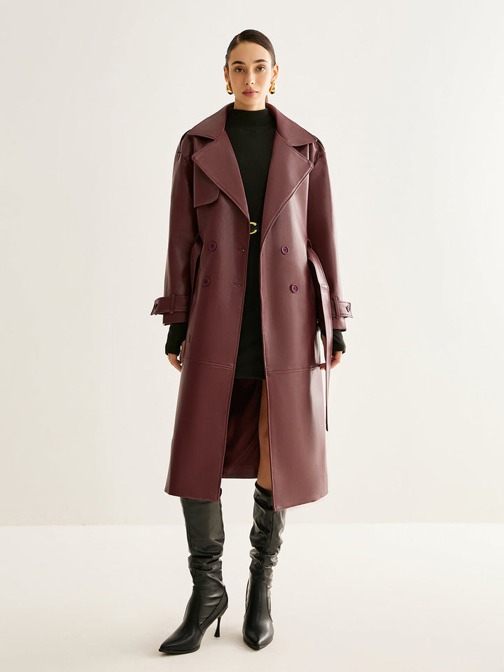 Trench Long Bordeaux | Similicuir Élégant | Ceinture Ajustable