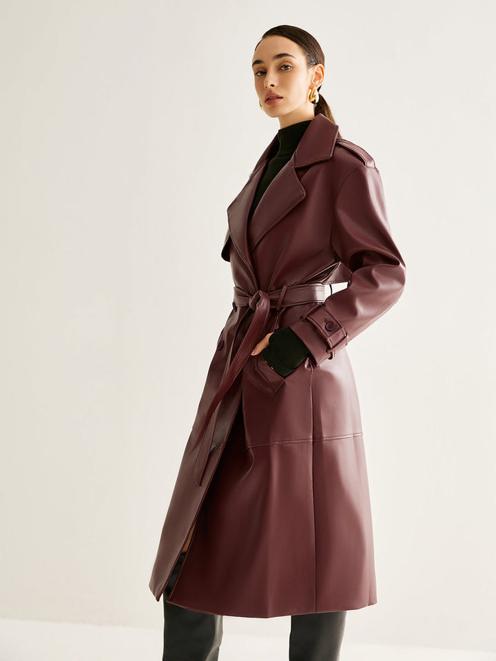 Trench Long Bordeaux | Similicuir Élégant | Ceinture Ajustable