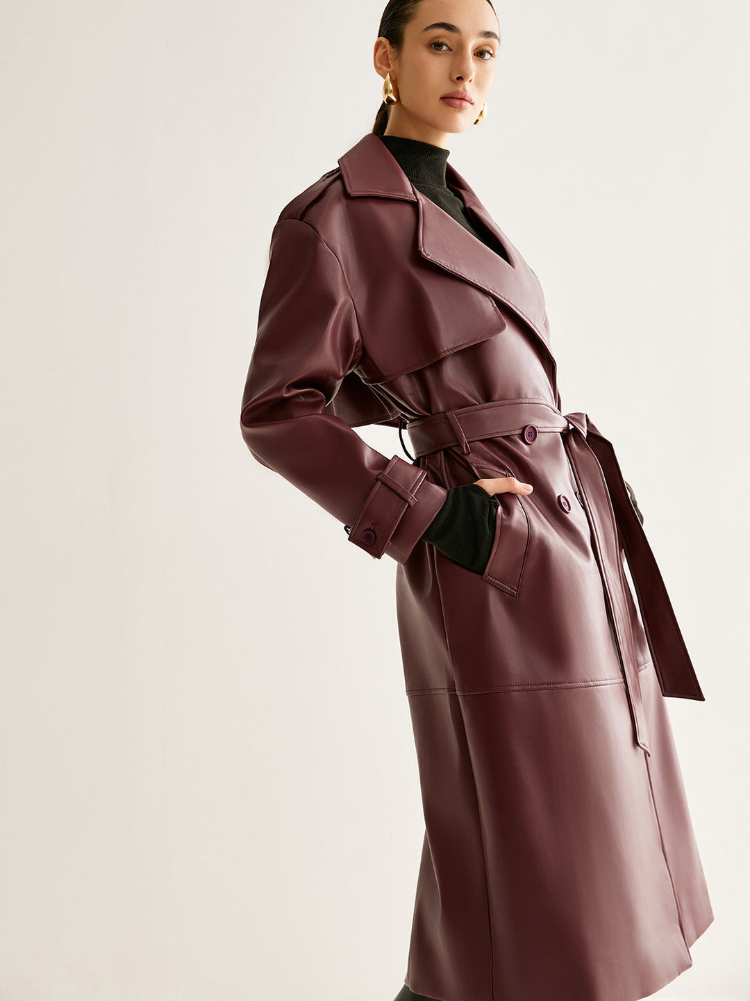 Trench Long Bordeaux | Similicuir Élégant | Ceinture Ajustable