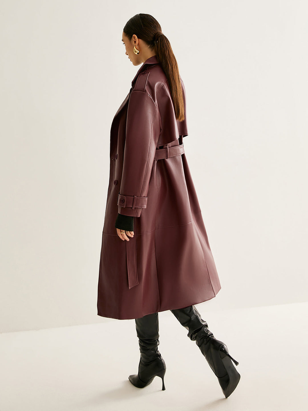 Trench Long Bordeaux | Similicuir Élégant | Ceinture Ajustable