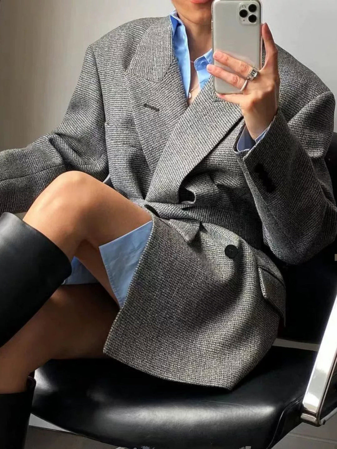 Blazer Oversize Gris | Double Boutonnage | Élégance Décontractée