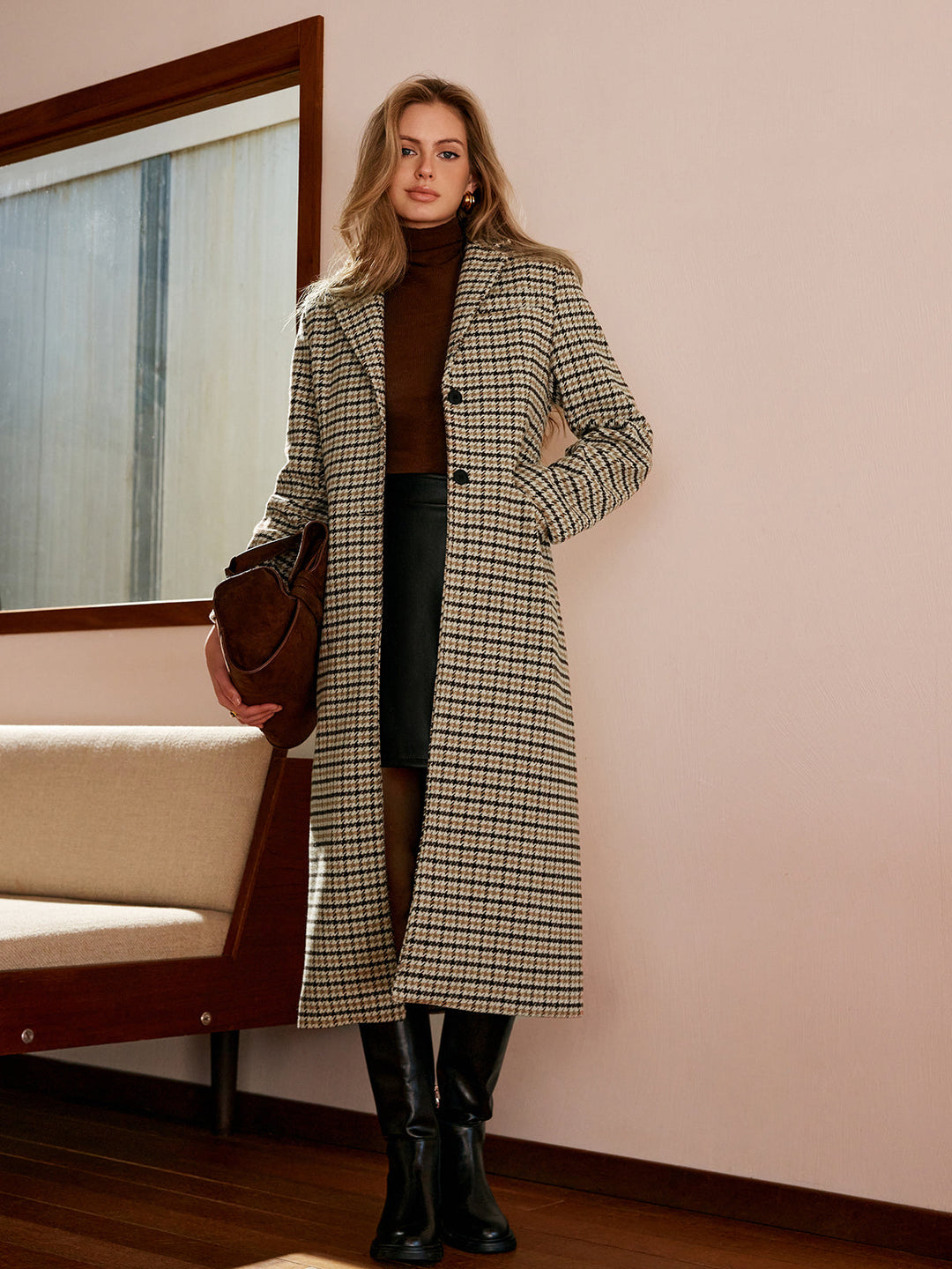 Manteau Long à Carreaux | Coupe Droite | Élégance Classique