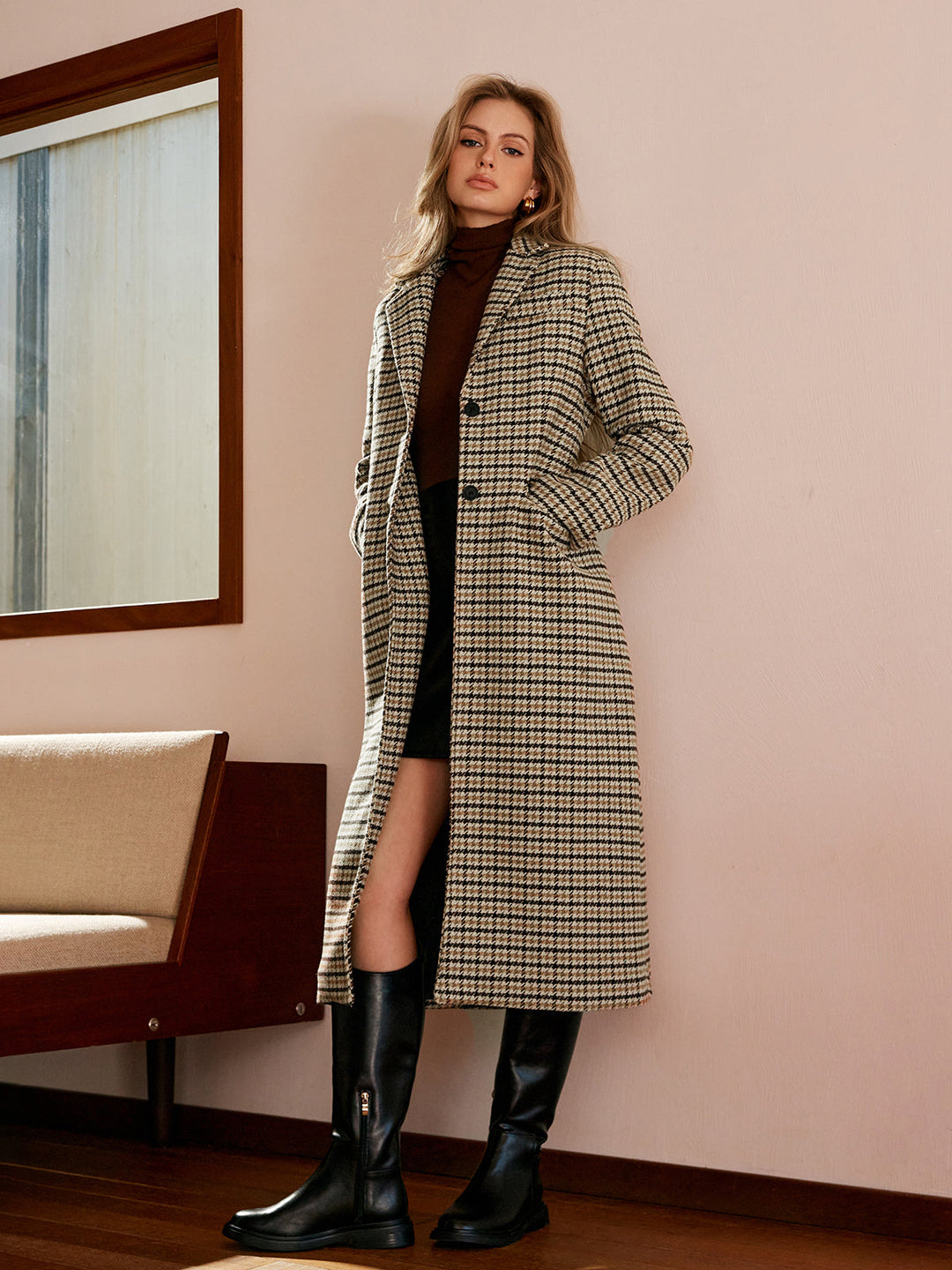 Manteau Long à Carreaux | Coupe Droite | Élégance Classique