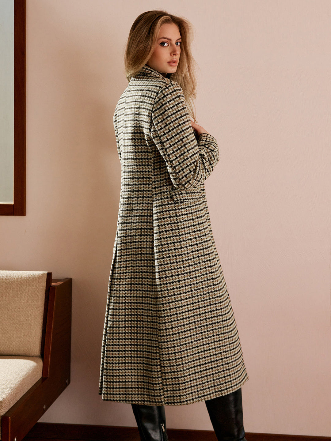 Manteau Long à Carreaux | Coupe Droite | Élégance Classique