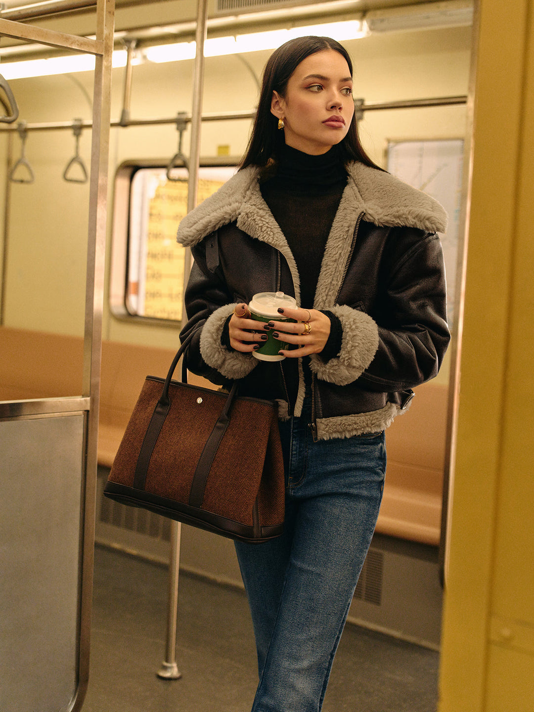 Veste Aviateur en Similicuir | Noir et Beige | Doublure Chaude