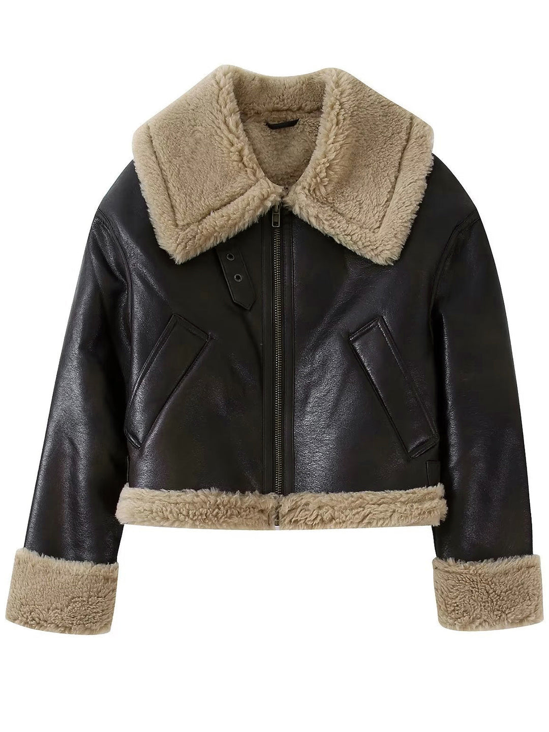 Veste Aviateur en Similicuir | Noir et Beige | Doublure Chaude