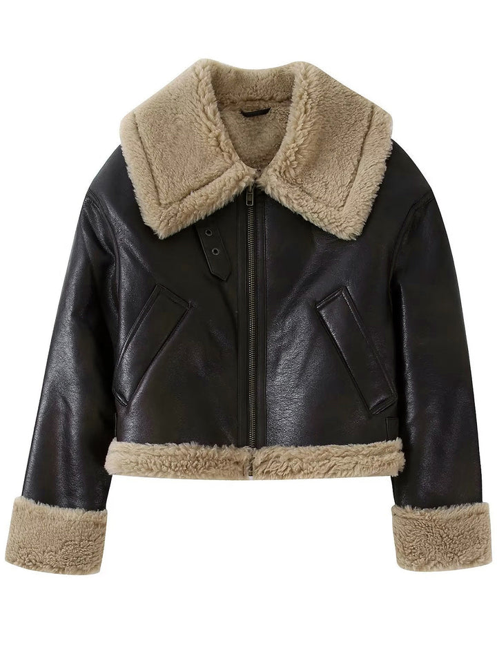 Veste Aviateur en Similicuir | Noir et Beige | Doublure Chaude