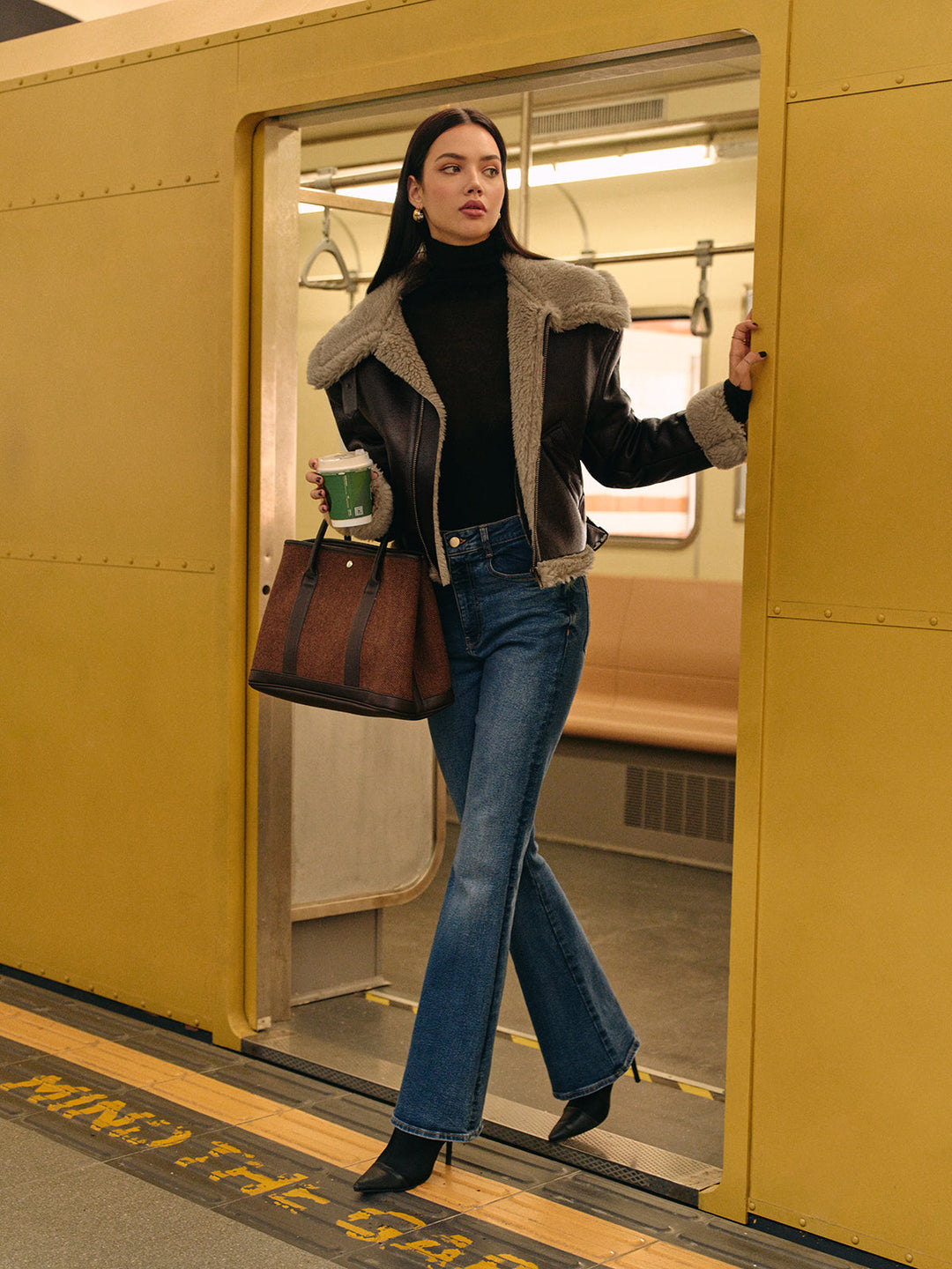 Veste Aviateur en Similicuir | Noir et Beige | Doublure Chaude