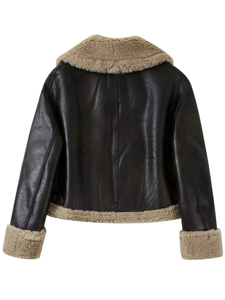 Veste Aviateur en Similicuir | Noir et Beige | Doublure Chaude