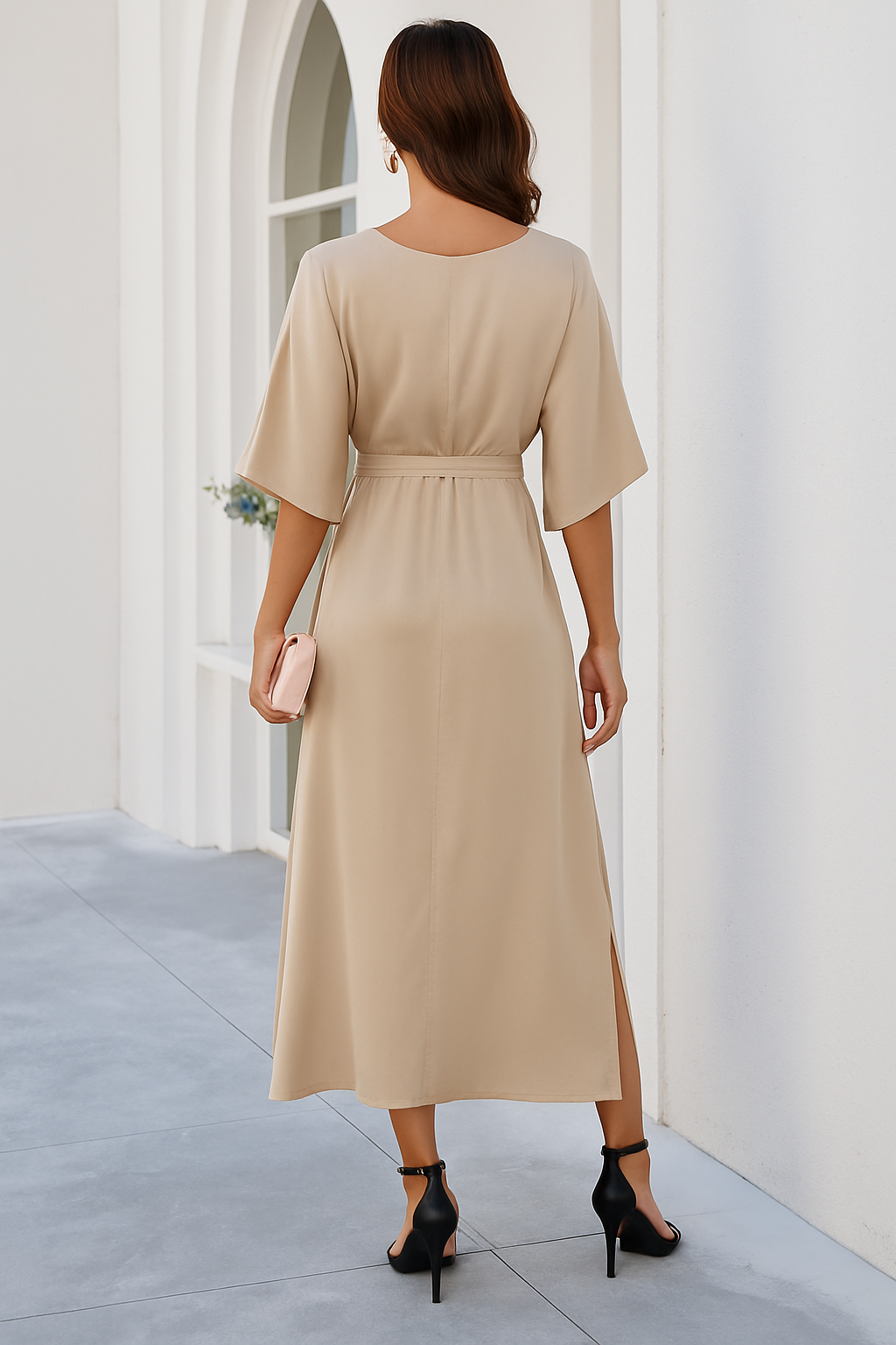 Aure | Robe midi à col en V avec fente pour femmes