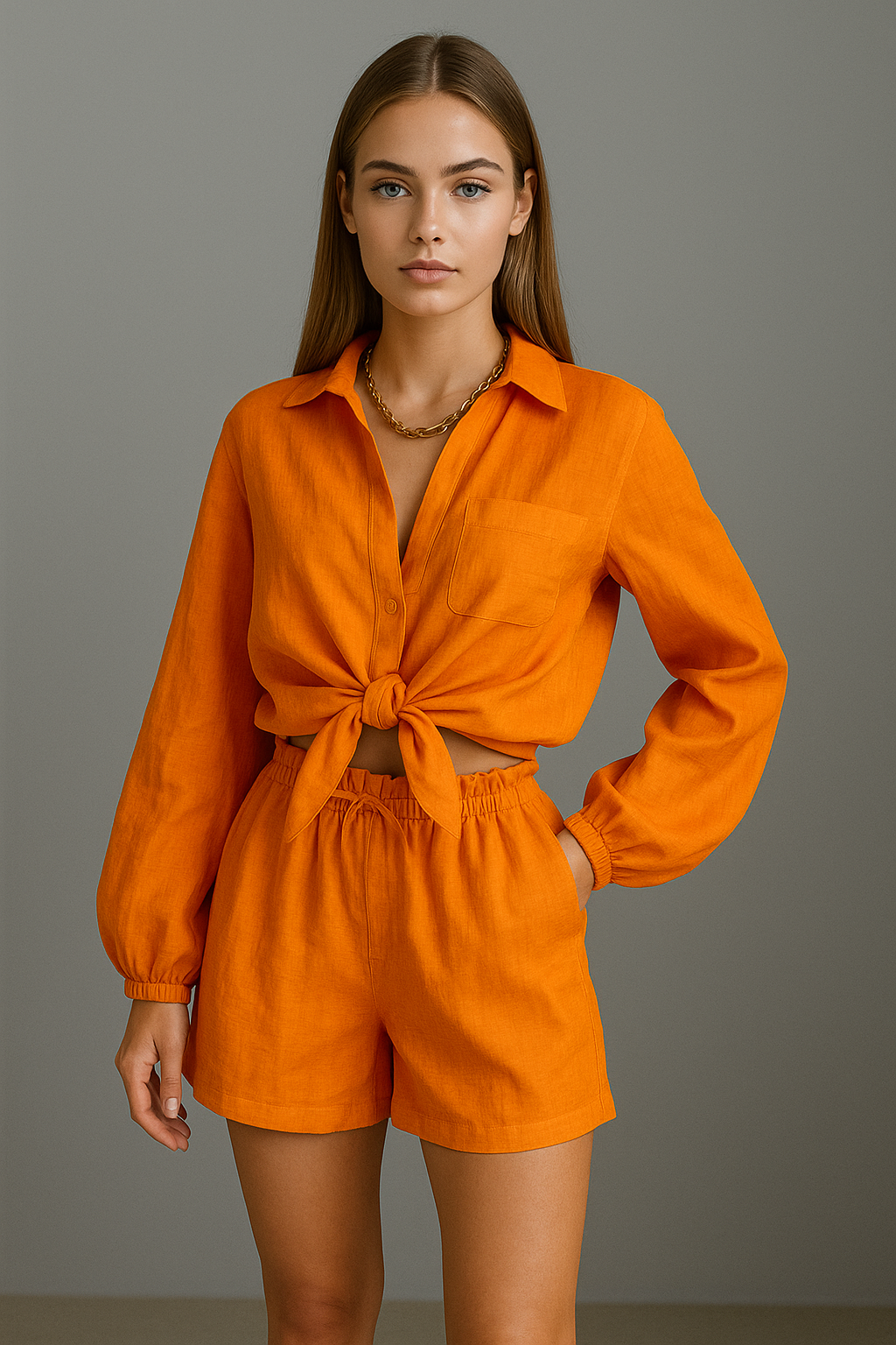 Vibrancia | Ensemble Deux Pièces Chemise Nouée Manches Longues Short Taille Haute Fluide Chic Été Pour Femme