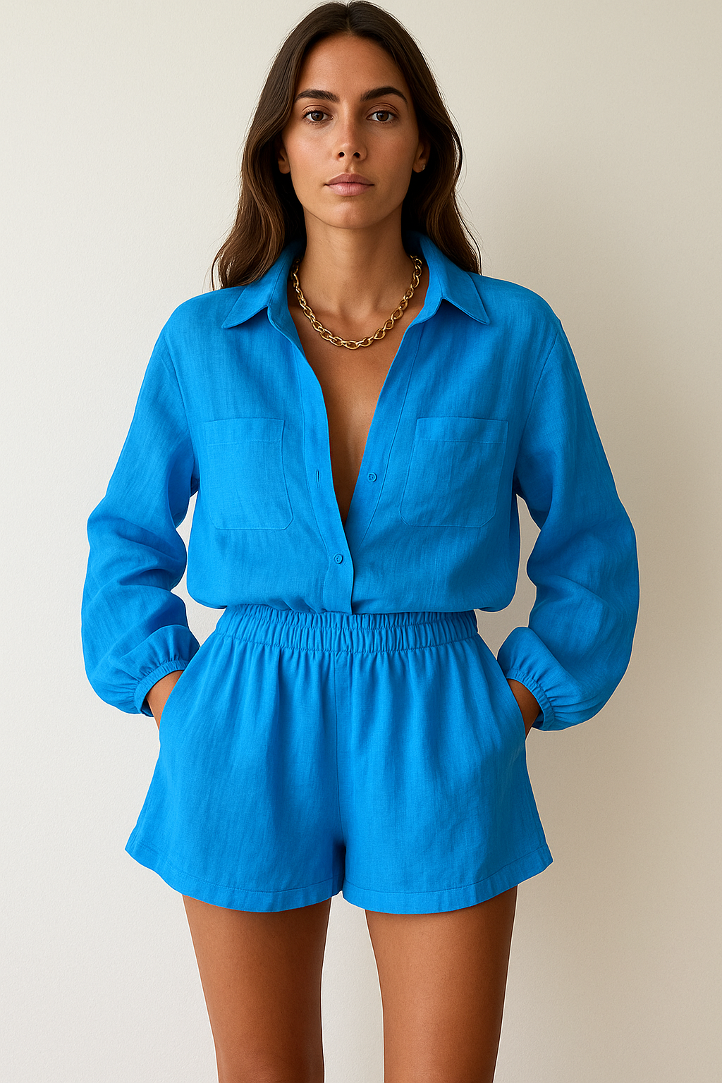 Vibrancia | Ensemble Deux Pièces Chemise Nouée Manches Longues Short Taille Haute Fluide Chic Été Pour Femme