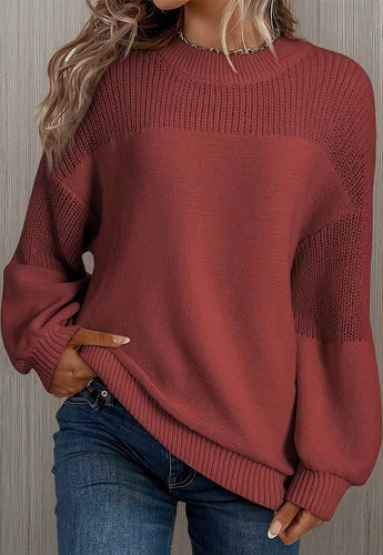 Pull Tricoté À Manches Lanternes Et Col Rond Pour Femmes – Tricot Tendance Automne/Hiver