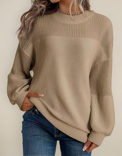 Pull Tricoté À Manches Lanternes Et Col Rond Pour Femmes – Tricot Tendance Automne/Hiver
