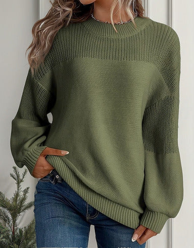 Pull Tricoté À Manches Lanternes Et Col Rond Pour Femmes – Tricot Tendance Automne/Hiver