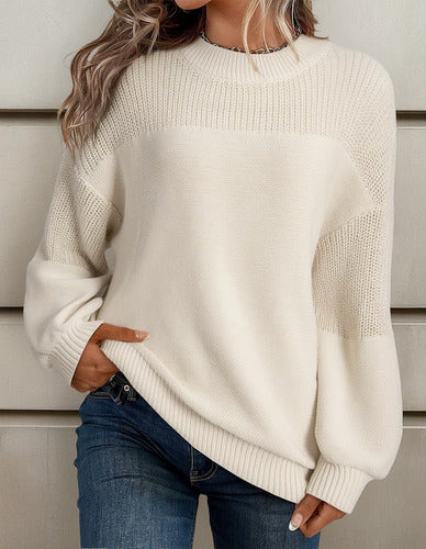 Pull Tricoté À Manches Lanternes Et Col Rond Pour Femmes – Tricot Tendance Automne/Hiver