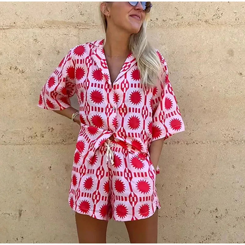Solaris | Ensemble Deux Pièces Chemise Manches Courtes Short Taille Haute Imprimé Géométrique Fluide Été Pour Femme