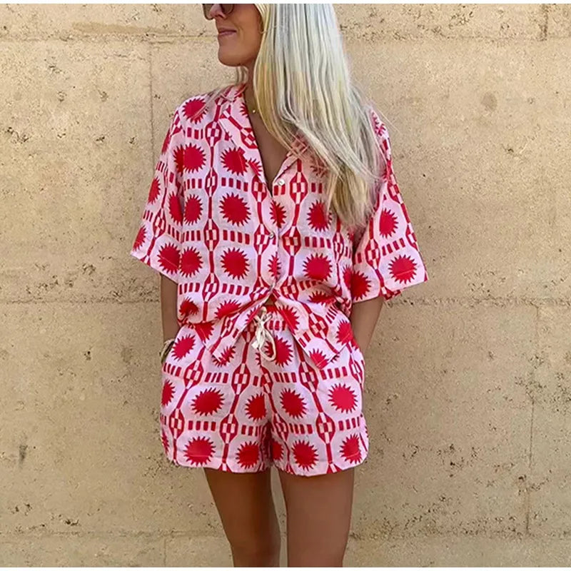 Solaris | Ensemble Deux Pièces Chemise Manches Courtes Short Taille Haute Imprimé Géométrique Fluide Été Pour Femme