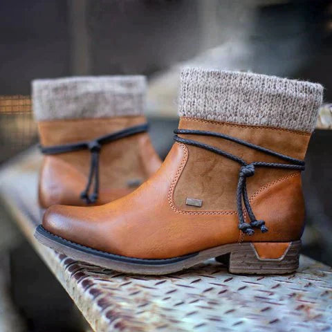Bottines avec Revers en Tricot | Doublure Chaude | Style Rustique