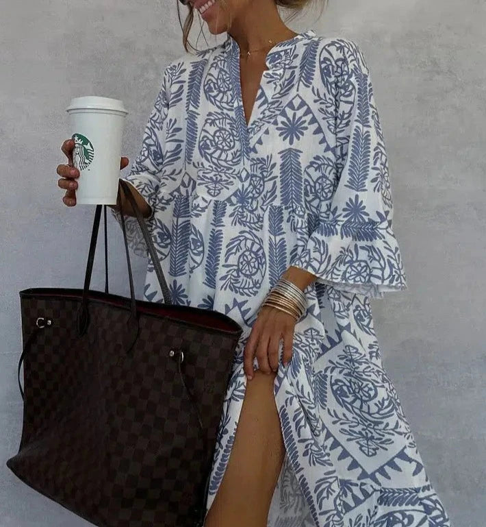 Robe Bohème Imprimée – Bleu & Blanc au Style Méditerranéen