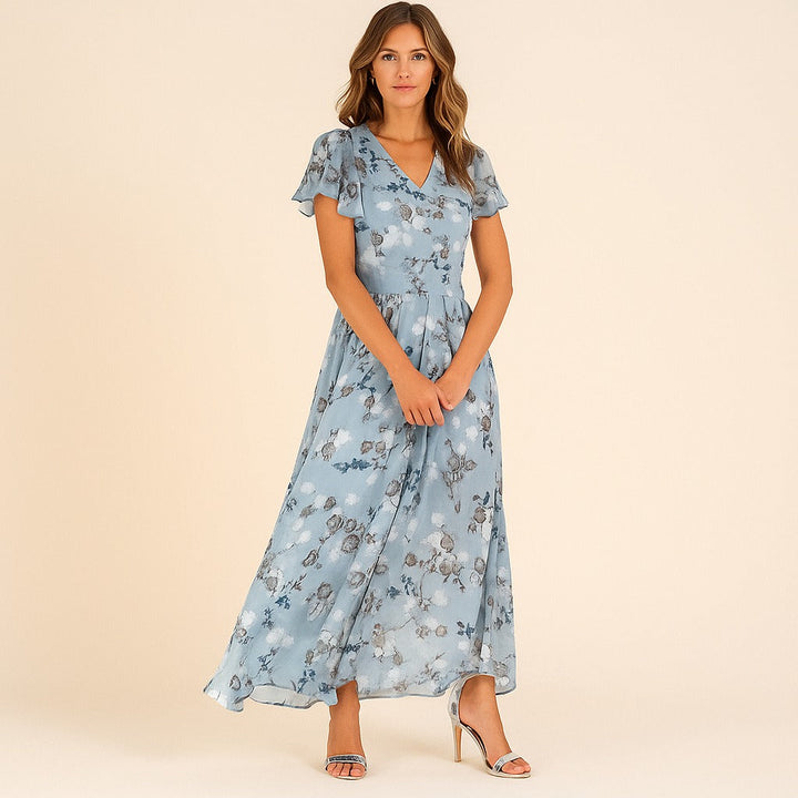 Robe Longue Fleurie Bleue – Style Bohème & Tissu Fluide