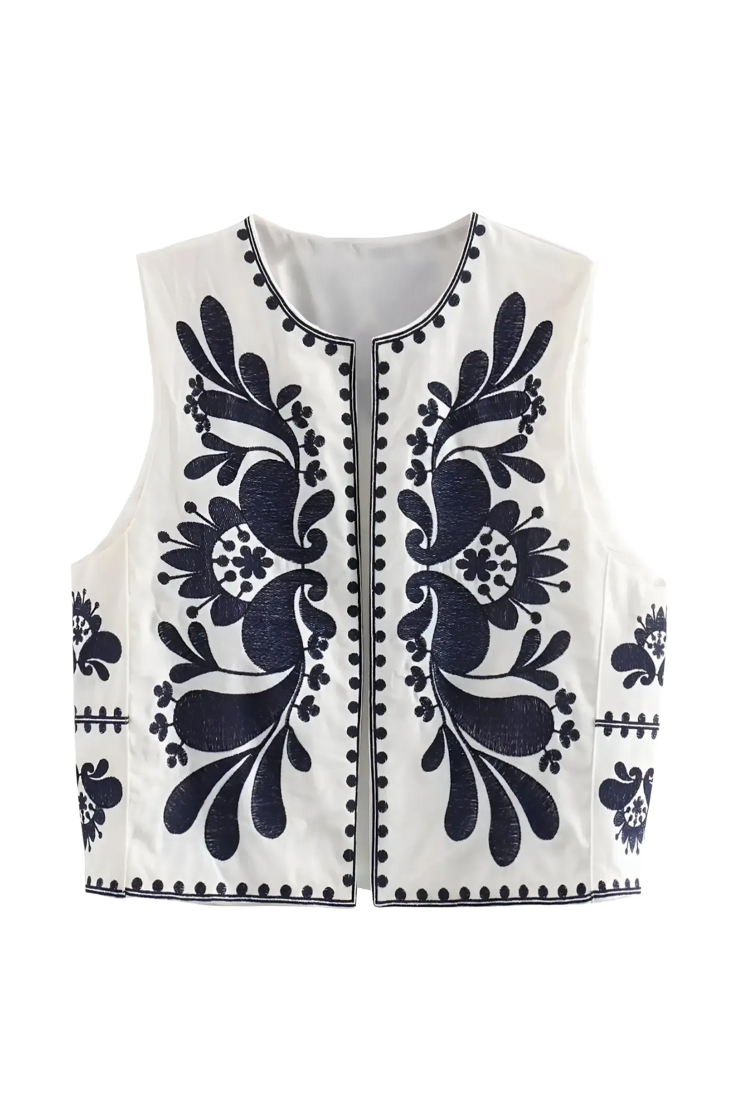 Gilet Brodé Bohème – Sans Manches, Imprimé Jardin Contrasté