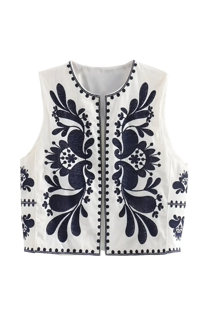 Gilet Brodé Bohème – Sans Manches, Imprimé Jardin Contrasté