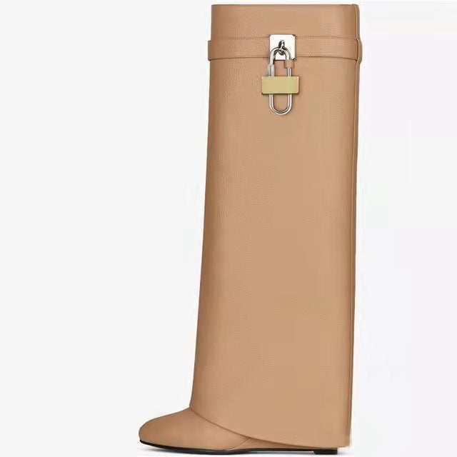 Bottes Hautes En Cuir Verni Ornées Avec Boucle Shark Lock Pour Femme – Chaussures Tendance Automne Hiver