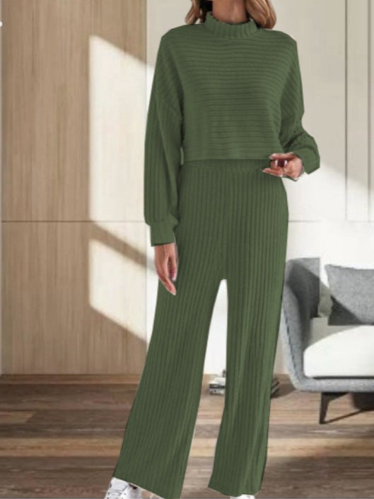 Ensemble Automne/Hiver Pour Femmes – Haut À Col Montant En Maille Avec Pantalon Ample Taille Haute