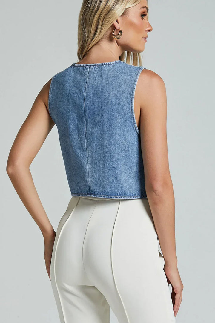 Gilet Structuré en Denim – Coupe Moderne & Bleu Parisien