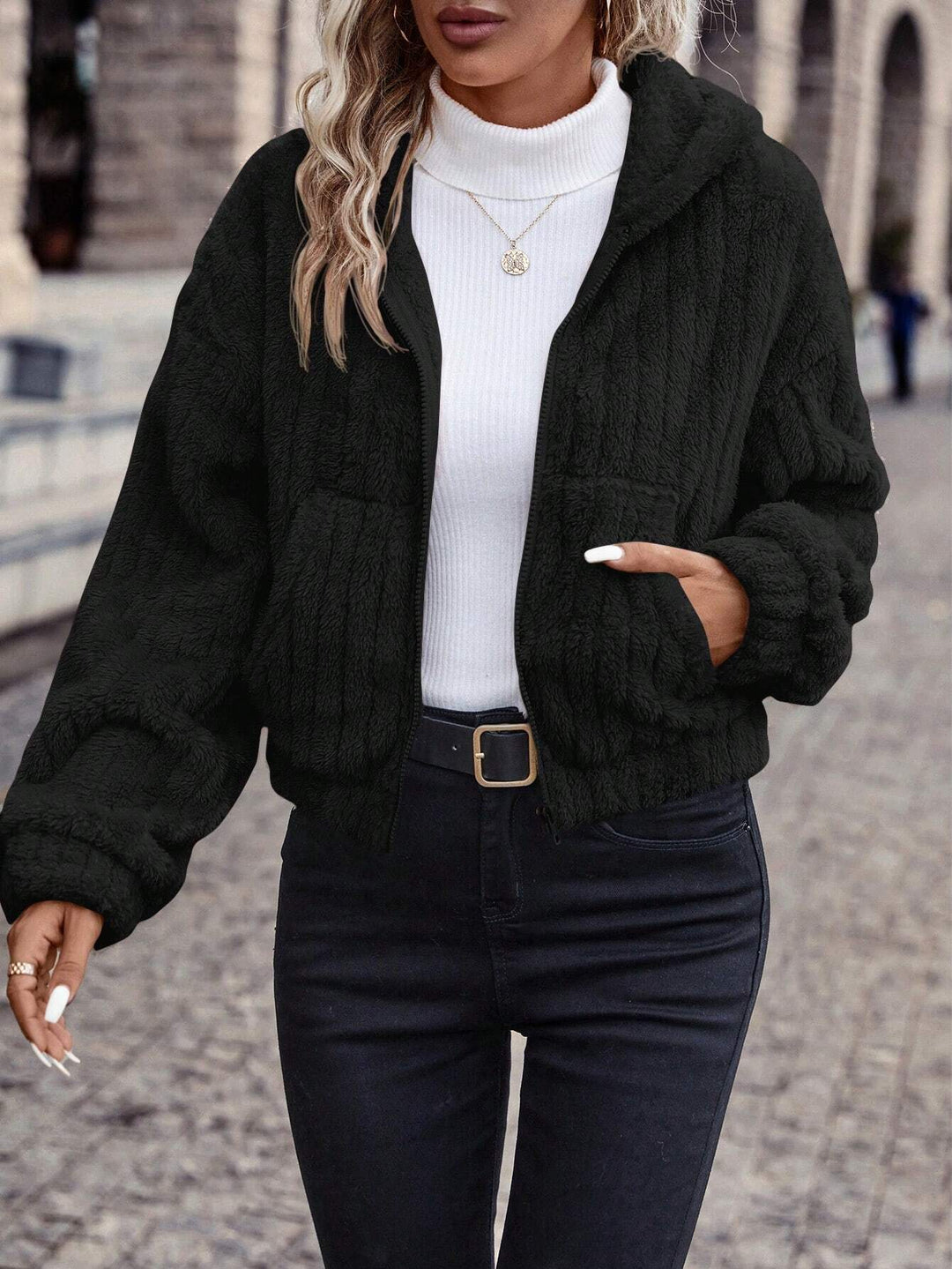 Veste Zippée En Polaire Double Face Pour Femmes – Style Teddy À Capuche