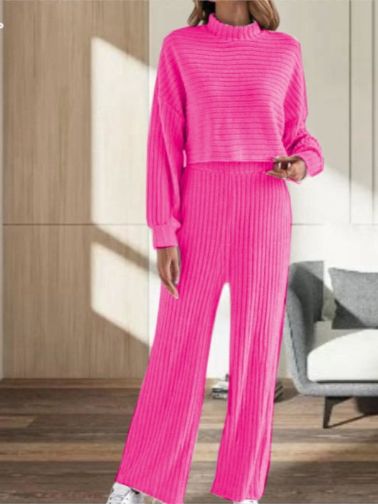 Ensemble Automne/Hiver Pour Femmes – Haut À Col Montant En Maille Avec Pantalon Ample Taille Haute