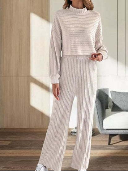 Ensemble Automne/Hiver Pour Femmes – Haut À Col Montant En Maille Avec Pantalon Ample Taille Haute