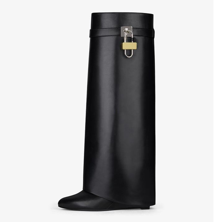 Bottes Hautes En Cuir Verni Ornées Avec Boucle Shark Lock Pour Femme – Chaussures Tendance Automne Hiver