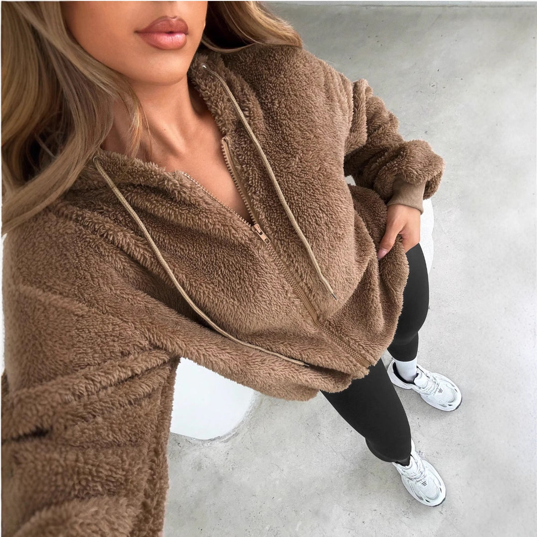 Veste Cardigan À Capuche Zippée En Peluche Pour Femmes – Couche Chaude Automne/Hiver