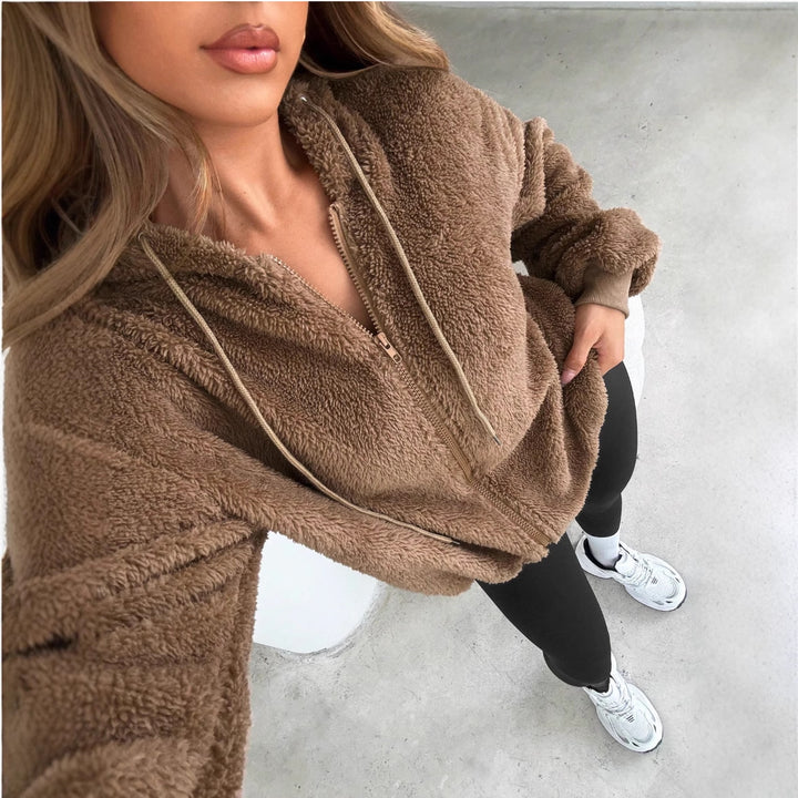 Veste Cardigan À Capuche Zippée En Peluche Pour Femmes – Couche Chaude Automne/Hiver