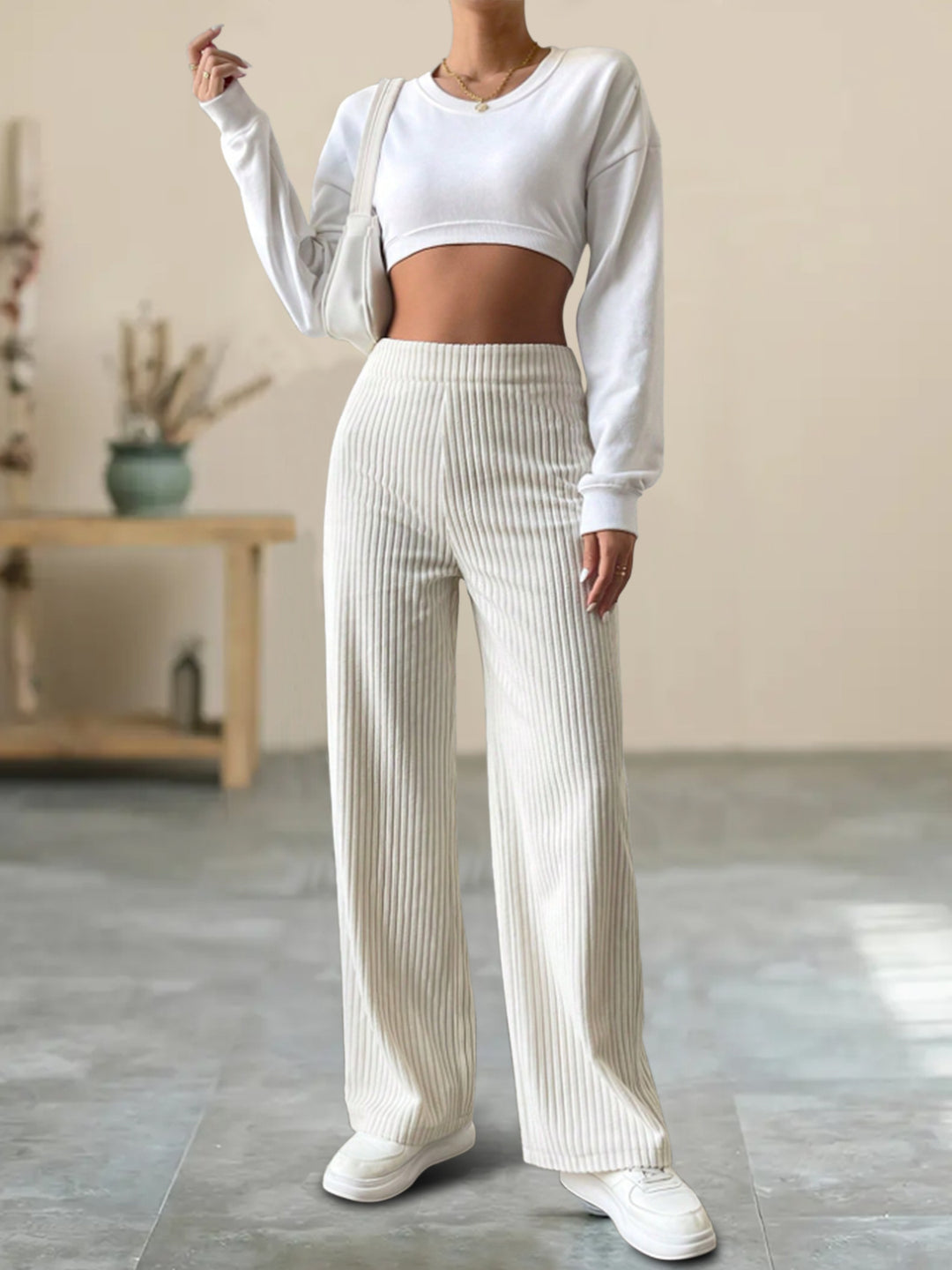 Pantalon Rayé Taille Haute Ample Décontracté Pour Femmes – Pantalon Chic Automne/Hiver