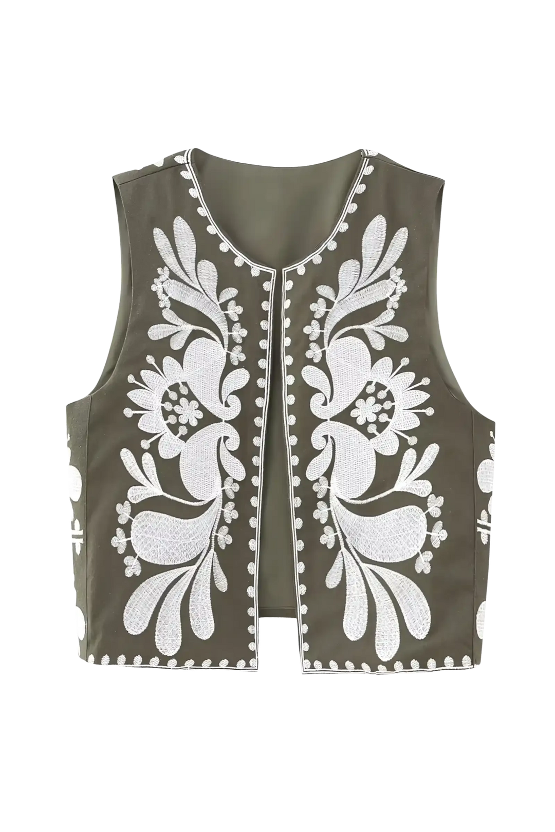Gilet Brodé Bohème – Sans Manches, Imprimé Jardin Contrasté