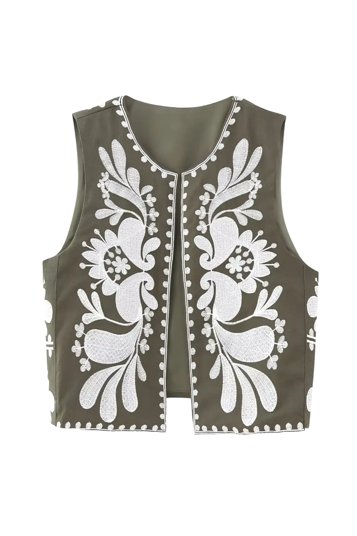 Gilet Brodé Bohème – Sans Manches, Imprimé Jardin Contrasté
