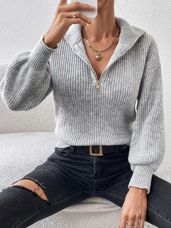 Pull Zippé À Épaules Tombantes Pour Femmes – Élégant Col V Automne/Hiver
