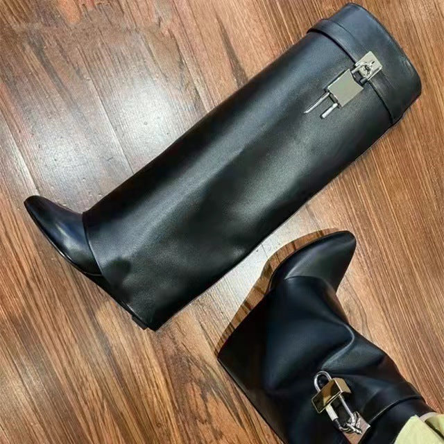 Bottes Hautes En Cuir Verni Ornées Avec Boucle Shark Lock Pour Femme – Chaussures Tendance Automne Hiver