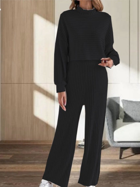 Ensemble Automne/Hiver Pour Femmes – Haut À Col Montant En Maille Avec Pantalon Ample Taille Haute