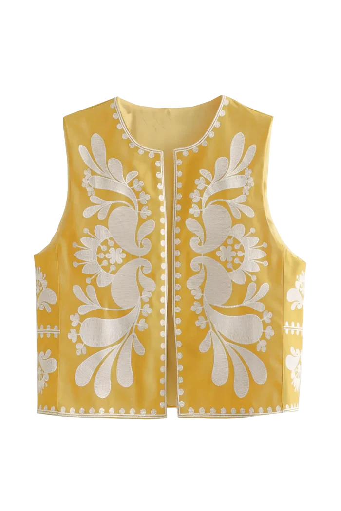 Gilet Brodé Bohème – Sans Manches, Imprimé Jardin Contrasté