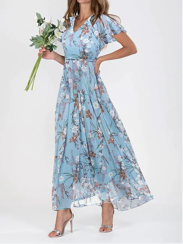 Robe Longue Fleurie Bleue – Style Bohème & Tissu Fluide