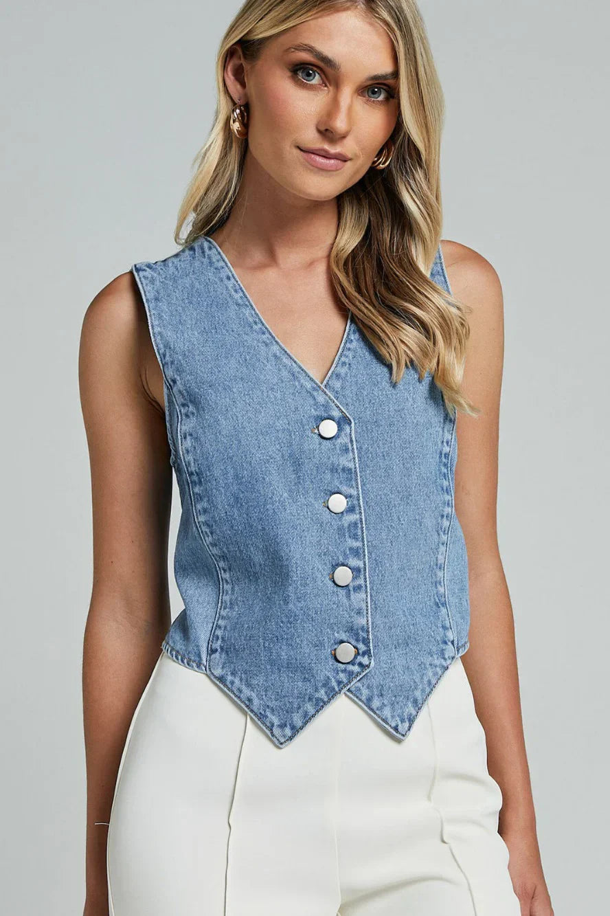 Gilet Structuré en Denim – Coupe Moderne & Bleu Parisien
