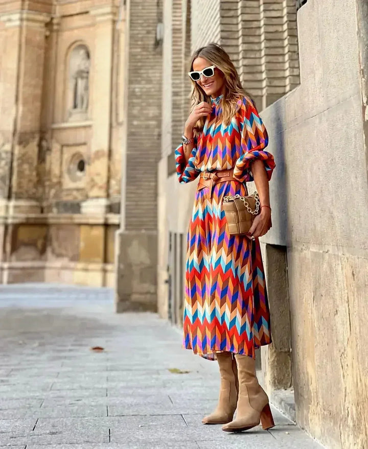 Bohème & Colorée – Robe Midi à Imprimé Graphique